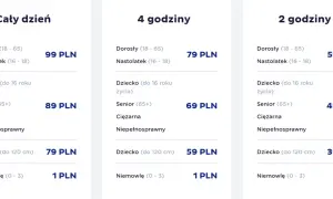 Cennik Suntago: cały dzień od 99 PLN, 4h od 79 PLN, 2h od 59 PLN. Różne ceny dla dorosłych, dzieci, seniorów.