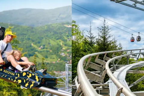 Ojciec z córką zjeżdżają na letnim rollercoasterze w Szczyrku, a w tle widać kolejkę gondolową.