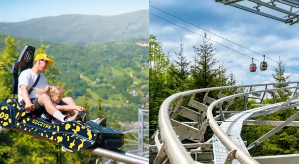 Ojciec z córką zjeżdżają na letnim rollercoasterze w Szczyrku, a w tle widać kolejkę gondolową.