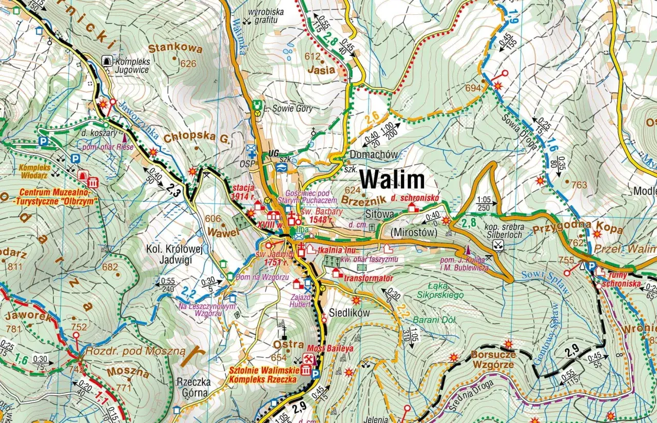 Mapa Gór Sowich z zaznaczonymi miejscowościami noclegowymi i atrakcjami