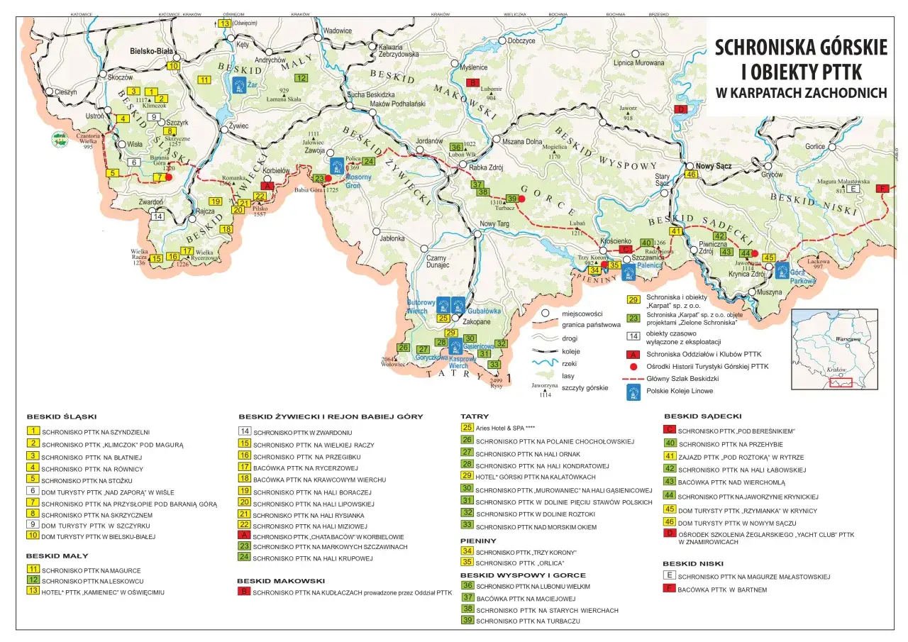 Mapa pasm g&oacute;rskich w Polsce z cenami schronisk
