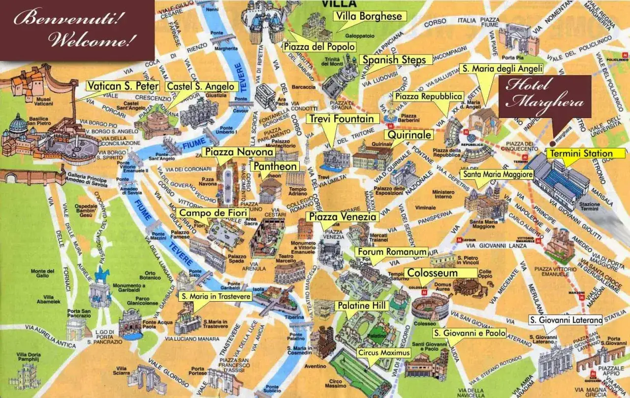 Mapa turystyczna Rzymu z dzielnicami