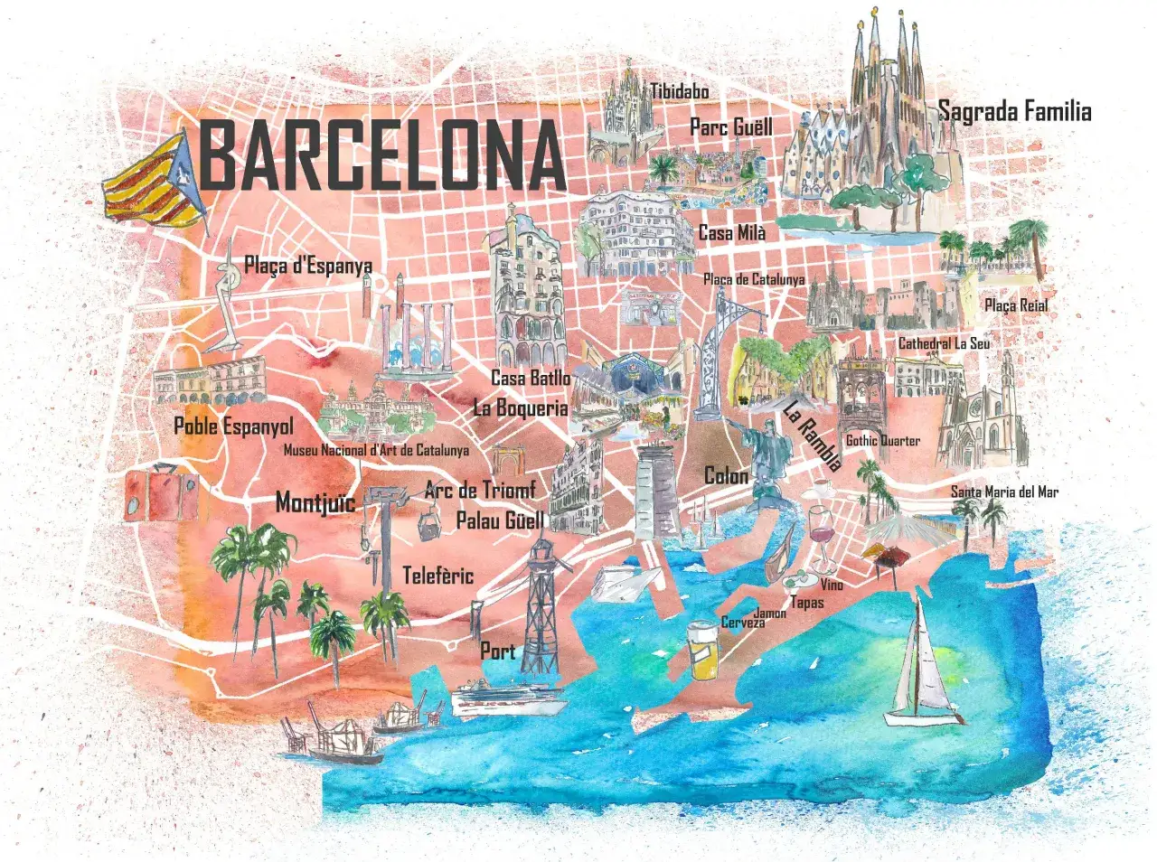 Mapa dzielnic Barcelony z wyróżnionymi obszarami turystycznymi