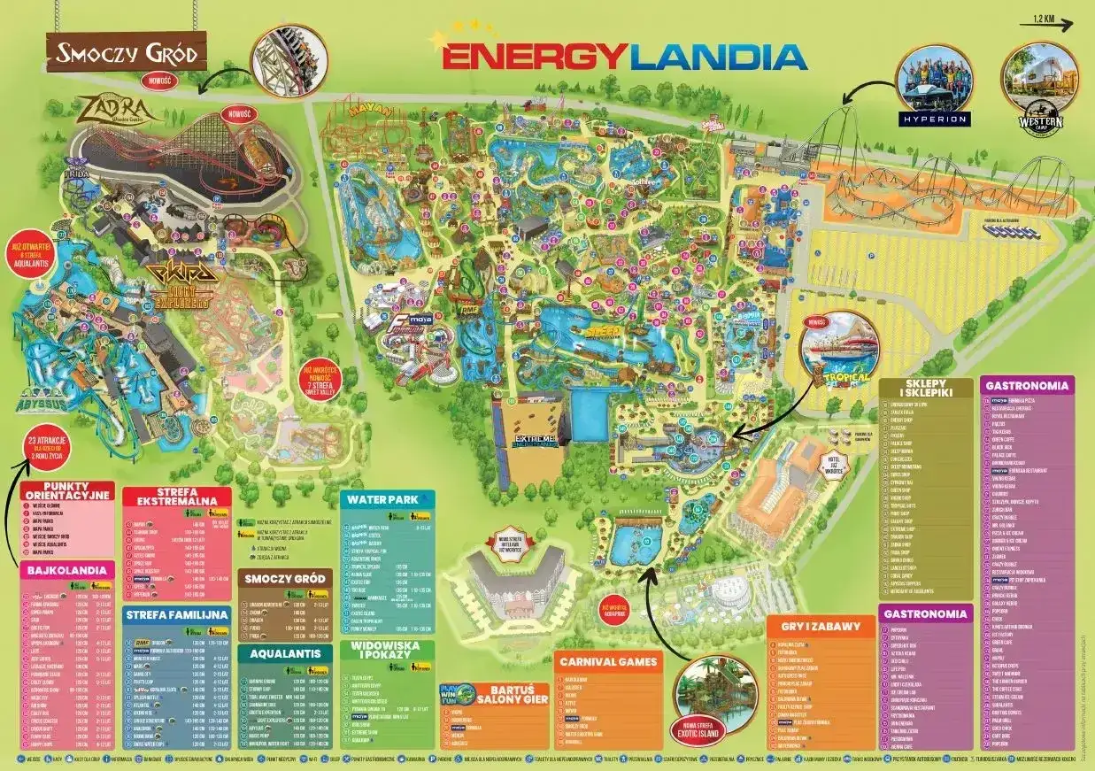 Mapa Energylandii pokazuje, ile jest atrakcji w parku rozrywki. Znajdziesz tu strefy ekstremalne, familijne, wodne i wiele więcej!