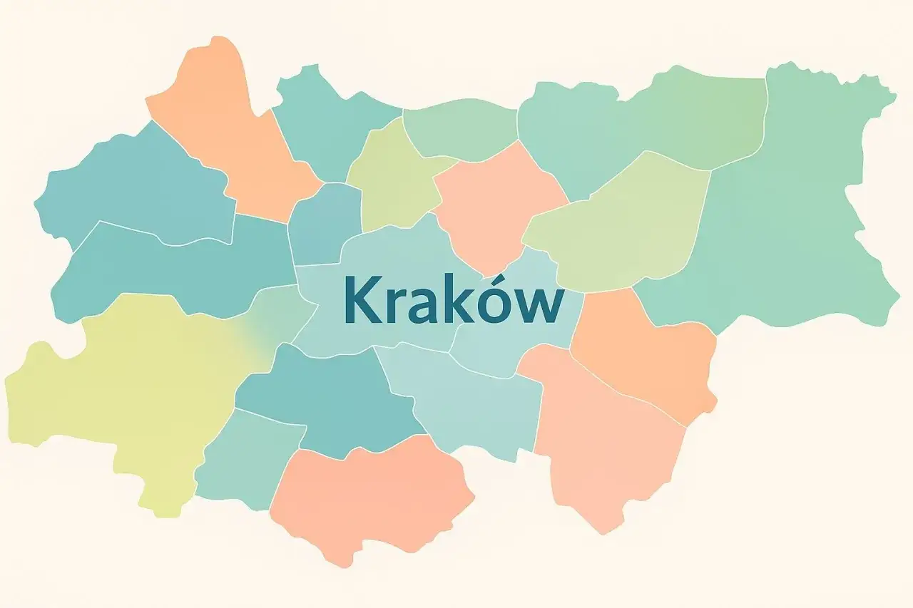 Mapa Krakowa z zaznaczonymi dzielnicami i ich cenami nocleg&oacute;w