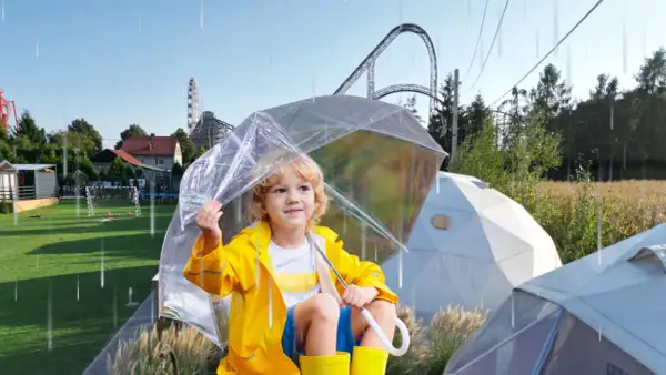 Chłopiec w żółtej kurtce i kaloszach pod przezroczystym parasolem, w tle rollercoaster. Czy Energylandia jest otwarta w deszcz?
